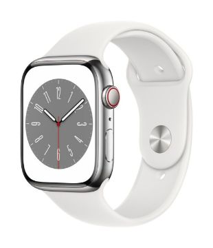 Apple Watch Series 8 GPS + Cellular 45mm Silver Stainless Steel Case with White Sport Band-Regular