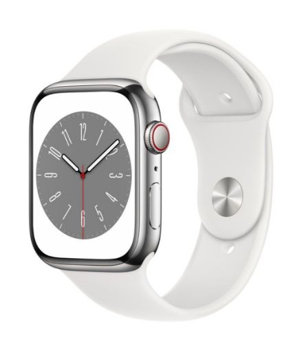 Apple Watch Series 8 GPS + Cellular 45mm Silver Stainless Steel Case with White Sport Band-Regular