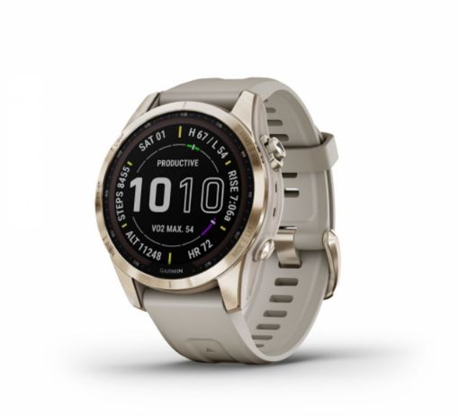 Garmin Fenix 7S Sapphire Solar Watch Cream Gold Titanium with Light Sand Band