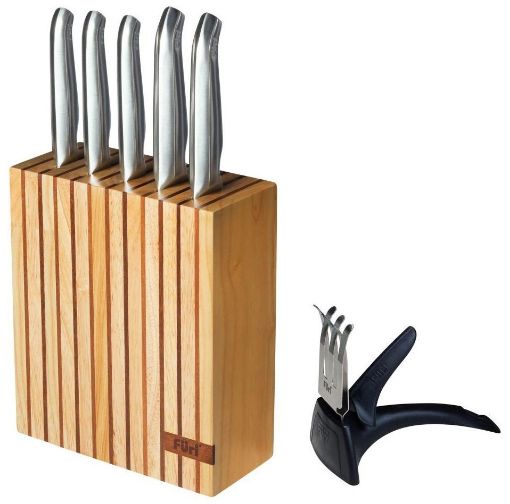 Furi - Pro Wood Knife Block Set, 7 Piece - Stainless Steel Knives/Wood Block